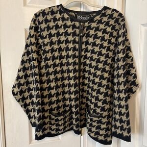 VTG Rochelle California Women Sweater Wool Blend Houndstooth Zip XL Black Gold